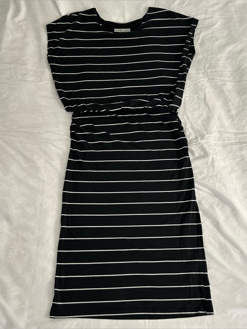 Athleta Horizons T-Shirt Dress Women's M Black White Stripes Midi Ruching Jersey